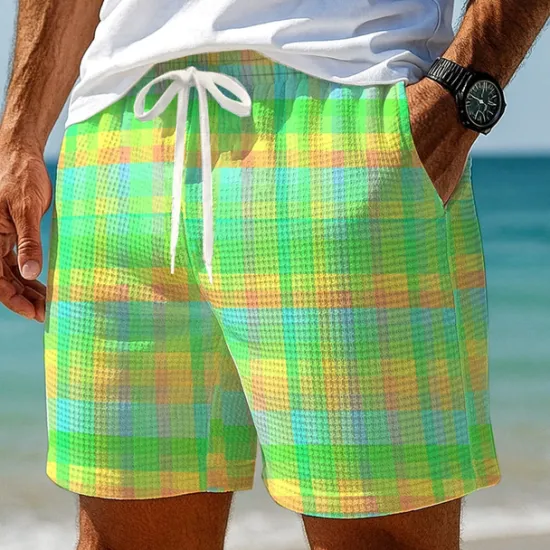 Hot OUKU Men's Color Block Gradient Grid / Plaid Waffle Shorts Sweat Shorts Casual Shorts Mid Waist Fashion Casual Vacation Jogging Workout Elastic Drawstring Waist Shorts with Pockets Designer Clothing
