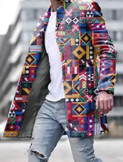 OUKU Men's Color Block Graphic Prints Geometry Winter Coat Overcoat Coat Warm Breathable Comfortable Fashion Streetwear Business Work Wear to work Going out Pocket Print Fall & Winter Turndown Long Sleeve Red