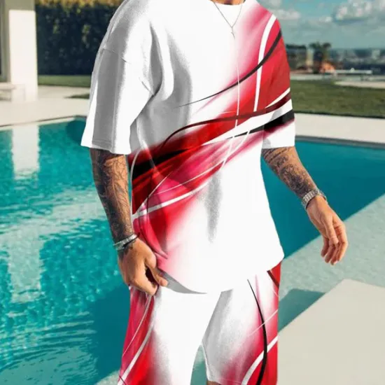 Outlet OUKU Men's Color Block Graphic Prints 2pcs Tees sets Matching Sets Short Sleeve Short Pants Crew Neck Basic Classic Comfortable Outdoor Street Daily 3D Print Summer Spring Red Blue Purple