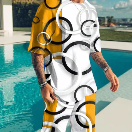 New OUKU Men's Color Block Graphic Prints 2pcs Tees sets Matching Sets Short Sleeve Short Pants Crew Neck Basic Classic Comfortable Outdoor Street Daily 3D Print Summer Spring Yellow Red Blue