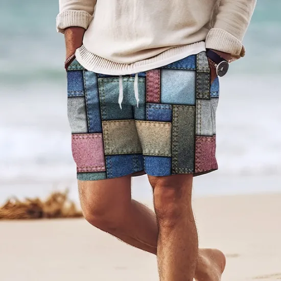 Online OUKU Men's Color Block Grid / Plaid Geometric Pattern Swim Trunks Swim Shorts Board Shorts Mid Waist Hawaiian Casual Holiday Beach Drawstring with Mesh lining Elastic Waist Designer Clothing Apparel Blue