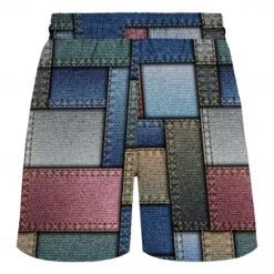 Online OUKU Men's Color Block Grid / Plaid Geometric Pattern Swim Trunks Swim Shorts Board Shorts Mid Waist Hawaiian Casual Holiday Beach Drawstring with Mesh lining Elastic Waist Designer Clothing Apparel Blue