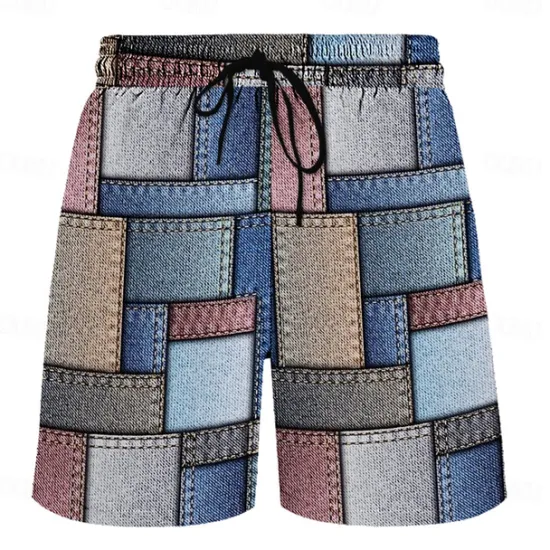 Clearance OUKU Men's Color Block Grid / Plaid Geometric Pattern Swim Shorts Board Shorts Swimming Trunks Mid Waist Hawaiian Casual Holiday Beach Drawstring with Mesh lining Elastic Waist Designer Clothing Apparel Blue