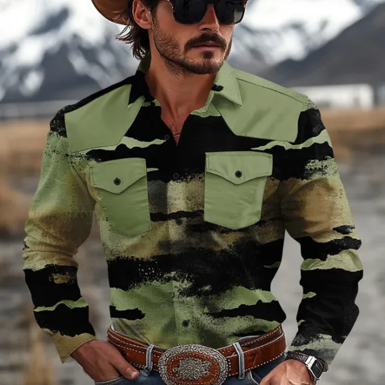 Best OUKU Men's Color Block Marble Western Shirt Cowboy Shirt Long Sleeve Western Casual Causal Spring Fall Turndown 2 Pockets Yellow Blue Green