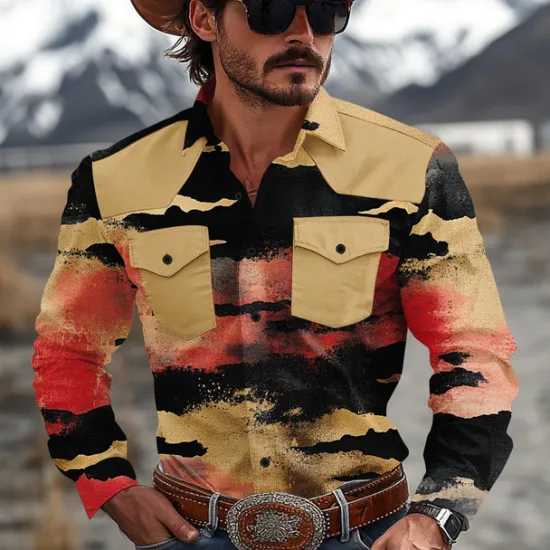 Best OUKU Men's Color Block Marble Western Shirt Cowboy Shirt Long Sleeve Western Casual Causal Spring Fall Turndown 2 Pockets Yellow Blue Green
