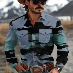 Best OUKU Men's Color Block Marble Western Shirt Cowboy Shirt Long Sleeve Western Casual Causal Spring Fall Turndown 2 Pockets Yellow Blue Green