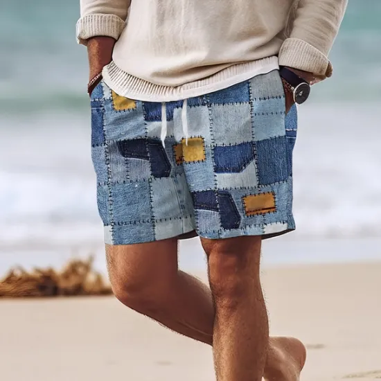 Discount OUKU Men's Color Block Optical Illusion Grid / Plaid Swim Shorts Board Shorts Swimming Trunks Mid Waist Hawaiian Casual Holiday Beach Drawstring with Mesh lining Elastic Waist Designer Clothing Apparel Blue