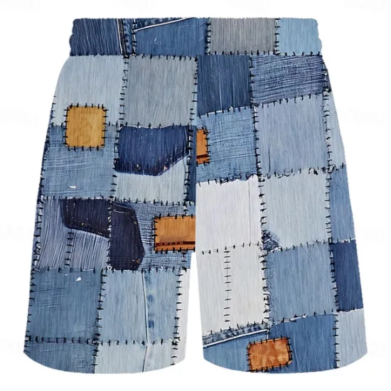Discount OUKU Men's Color Block Optical Illusion Grid / Plaid Swim Shorts Board Shorts Swimming Trunks Mid Waist Hawaiian Casual Holiday Beach Drawstring with Mesh lining Elastic Waist Designer Clothing Apparel Blue