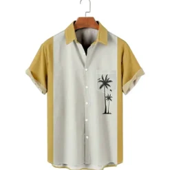 Online OUKU Men's Color Block Palm Tree Tropical Plants Shirt Summer Shirt Summer Hawaiian Shirt Short Sleeve Shirt Turndown Fashion Streetwear Hawaiian Outdoor Street Casual Black Yellow Blue S M L