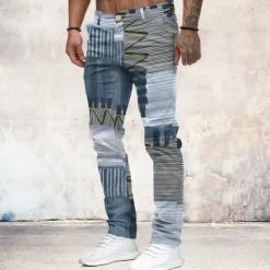 Hot OUKU Men's Color Block Patchwork Jeans Dress Pants Mid Waist Business Casual Formal Outdoor Home Zipper Pocket Summer Spring Fall 3D Print Blue