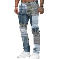 Hot OUKU Men's Color Block Patchwork Jeans Dress Pants Mid Waist Business Casual Formal Outdoor Home Zipper Pocket Summer Spring Fall 3D Print Blue