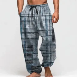 Sale OUKU Men's Color Block Patchwork Trousers Baggy Pants Casual Pants Mid Waist Retro Vintage Outdoor Vacation Elastic Drawstring Waist Linen-Like Pants with Pockets Summer Spring Fall 3D Print Blue Green