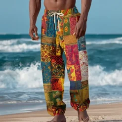 Outlet OUKU Men's Color Block Patchwork Ethnic Trousers Baggy Pants Casual Pants Mid Waist Vintage Retro Outdoor Vacation Elastic Drawstring Waist Linen-Like Pants with Pockets Summer Spring Fall 3D Print Yellow