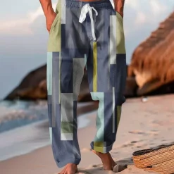 OUKU Men's Color Block Patchwork Trousers Baggy Pants Casual Pants Mid Waist Vacation Hawaiian Outdoor Holiday Beach Wide Leg Summer Spring 3D Print White Blue Purple