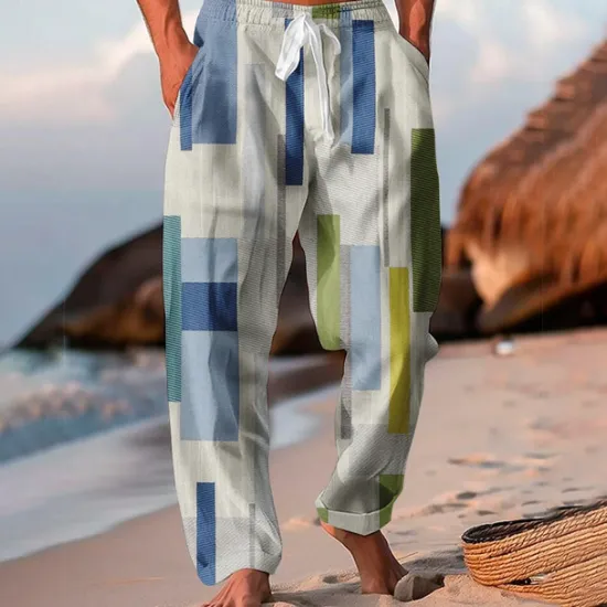 OUKU Men's Color Block Patchwork Trousers Baggy Pants Casual Pants Mid Waist Vacation Hawaiian Outdoor Holiday Beach Wide Leg Summer Spring 3D Print White Blue Purple