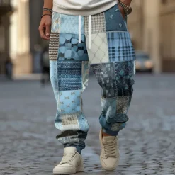 OUKU Men's Color Block Patchwork Sweatpants Joggers Trousers Mid Waist Drawstring Elastic Waist Vintage Ethnic Jogging Streetwear Workout Athletic Sweatpants with Pockets Spring Fall 3D Print Red Blue