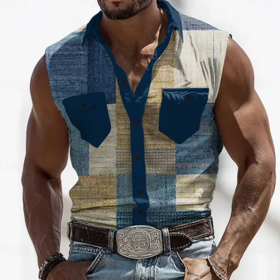 Online OUKU Men's Color Block Patchwork Shirt Western Shirt Cowboy Shirt Sleeveless Western Style Outdoor Work Causal Summer Spring Turndown 3D Print Front Two Pockets Button Up Shirts Army Green Blue Brown