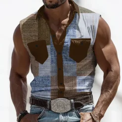 Online OUKU Men's Color Block Patchwork Shirt Western Shirt Cowboy Shirt Sleeveless Western Style Outdoor Work Causal Summer Spring Turndown 3D Print Front Two Pockets Button Up Shirts Army Green Blue Brown