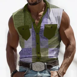 Online OUKU Men's Color Block Patchwork Shirt Western Shirt Cowboy Shirt Sleeveless Western Style Outdoor Work Causal Summer Spring Turndown 3D Print Front Two Pockets Button Up Shirts Army Green Blue Brown
