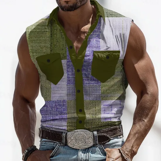 Online OUKU Men's Color Block Patchwork Shirt Western Shirt Cowboy Shirt Sleeveless Western Style Outdoor Work Causal Summer Spring Turndown 3D Print Front Two Pockets Button Up Shirts Army Green Blue Brown