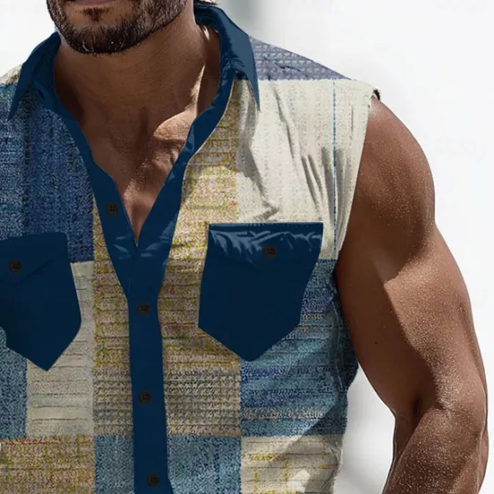 Online OUKU Men's Color Block Patchwork Shirt Western Shirt Cowboy Shirt Sleeveless Western Style Outdoor Work Causal Summer Spring Turndown 3D Print Front Two Pockets Button Up Shirts Army Green Blue Brown