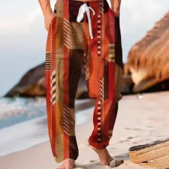 Hot OUKU Men's Color Block Patchwork Trousers Baggy Pants Casual Pants Mid Waist Hawaiian Casual Outdoor Vacation Holiday Wide Leg Summer Spring 3D Print Blue Orange Brown