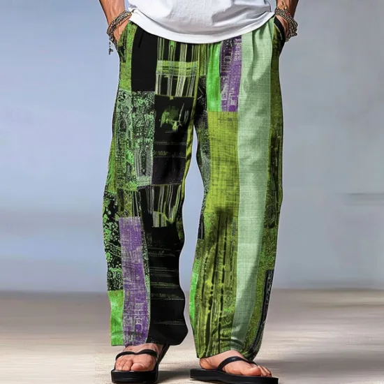 OUKU Men's Color Block Patchwork Pants Trousers Mid Waist Drawstring Elastic Waist Hawaiian Casual Outdoor Party Evening Wear Holiday Straight Leg Trousers Summer Spring Fall 3D Print Red Blue Green
