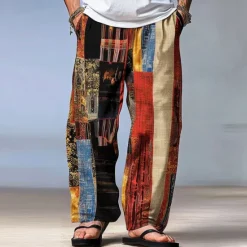OUKU Men's Color Block Patchwork Pants Trousers Mid Waist Drawstring Elastic Waist Hawaiian Casual Outdoor Party Evening Wear Holiday Straight Leg Trousers Summer Spring Fall 3D Print Red Blue Green