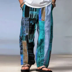 OUKU Men's Color Block Patchwork Pants Trousers Mid Waist Drawstring Elastic Waist Hawaiian Casual Outdoor Party Evening Wear Holiday Straight Leg Trousers Summer Spring Fall 3D Print Red Blue Green