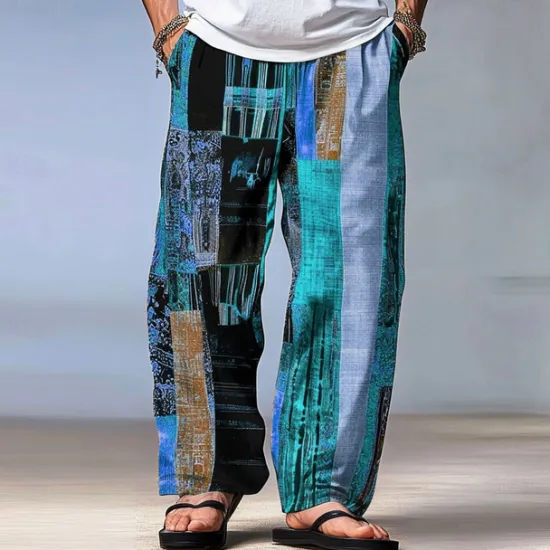 OUKU Men's Color Block Patchwork Pants Trousers Mid Waist Drawstring Elastic Waist Hawaiian Casual Outdoor Party Evening Wear Holiday Straight Leg Trousers Summer Spring Fall 3D Print Red Blue Green