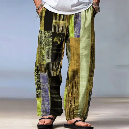OUKU Men's Color Block Patchwork Pants Trousers Mid Waist Drawstring Elastic Waist Hawaiian Casual Outdoor Party Evening Wear Holiday Straight Leg Trousers Summer Spring Fall 3D Print Red Blue Green