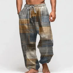 Discount OUKU Men's Color Block Patchwork Trousers Baggy Pants Casual Pants Mid Waist Vintage Outdoor Vacation Elastic Drawstring Waist Linen-Like Pants with Pockets Summer Spring Fall 3D Print Red Blue Green