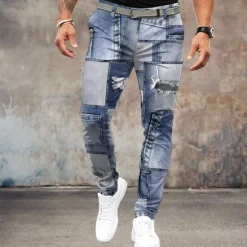 Clearance OUKU Men's Color Block Patchwork Jeans Dress Pants Mid Waist Business Casual Formal Outdoor Dailywear Zipper Pocket Summer Spring Fall 3D Print Blue
