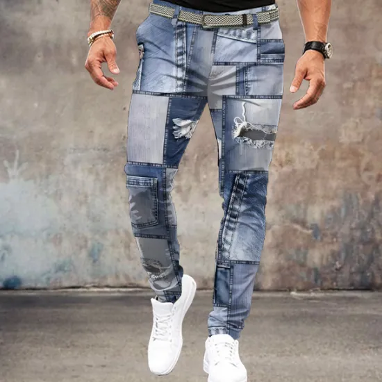 Clearance OUKU Men's Color Block Patchwork Jeans Dress Pants Mid Waist Business Casual Formal Outdoor Dailywear Zipper Pocket Summer Spring Fall 3D Print Blue