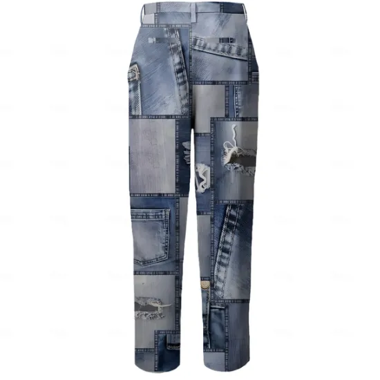 Clearance OUKU Men's Color Block Patchwork Jeans Dress Pants Mid Waist Business Casual Formal Outdoor Dailywear Zipper Pocket Summer Spring Fall 3D Print Blue