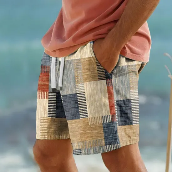 Sale OUKU Men's Color Block Patchwork Geometry Swim Trunks Swim Shorts Board Shorts Mid Waist Vacation Hawaiian Holiday Vacation Holiday Beach Drawstring with Mesh lining Elastic Waist Designer Clothing Apparel