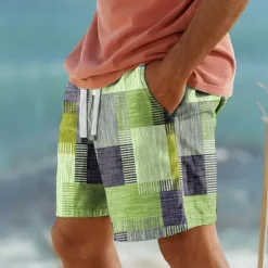 Sale OUKU Men's Color Block Patchwork Geometry Swim Trunks Swim Shorts Board Shorts Mid Waist Vacation Hawaiian Holiday Vacation Holiday Beach Drawstring with Mesh lining Elastic Waist Designer Clothing Apparel