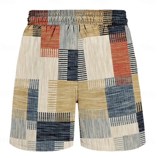 Best OUKU Men's Color Block Patchwork Grid / Plaid Swim Trunks Swim Shorts Board Shorts Mid Waist Hawaiian Casual Holiday Beach Drawstring with Mesh lining Elastic Waist Designer Clothing Apparel Khaki