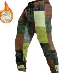 Sale OUKU Men's Color Block Patchwork Geometric Pattern Fleece Sweatpants Drawstring Elastic Waist Vintage Casual Outdoor Holiday Streetwear with Pockets Warm Fleece Lined Winter 3D Print Red Blue Purple