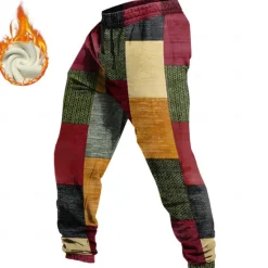 Sale OUKU Men's Color Block Patchwork Geometric Pattern Fleece Sweatpants Drawstring Elastic Waist Vintage Casual Outdoor Holiday Streetwear with Pockets Warm Fleece Lined Winter 3D Print Red Blue Purple