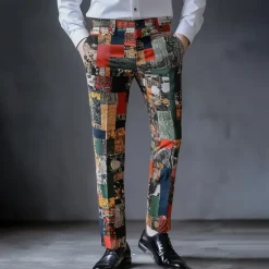 Sale OUKU Men's Color Block Patchwork Dress Pants Trousers Suit Pants Mid Waist Vintage Retro Vacation Casual Regular Fit Flat-Front Straight Leg Pants with Pockets Summer Spring Fall 3D Print Blue Orange
