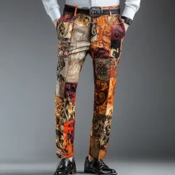Sale OUKU Men's Color Block Patchwork Dress Pants Trousers Suit Pants Mid Waist Vintage Retro Vacation Casual Regular Fit Flat-Front Straight Leg Pants with Pockets Summer Spring Fall 3D Print Blue Orange