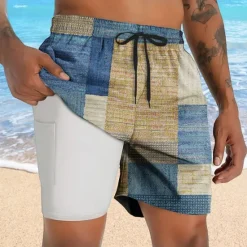 Best OUKU Men's Color Block Patchwork Lined Shorts 2 in 1 Board Shorts Swim Shorts Mid Waist Hawaiian Vacation Holiday Beach Wear Side Pockets With Compression Liner Elastic Drawstring Waist Designer Clothing