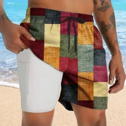Best OUKU Men's Color Block Patchwork Lined Shorts 2 in 1 Board Shorts Swim Shorts Mid Waist Hawaiian Vacation Holiday Beach Wear Side Pockets With Compression Liner Elastic Drawstring Waist Designer Clothing