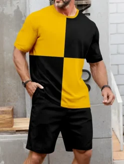 Discount OUKU Men's Color Block 2pcs Tees sets Summer Tops Short Sleeve Short Pants Crew Neck Sport Casual Outdoor Vacation Sport 3D Print Summer Green Yellow Blue