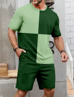 Discount OUKU Men's Color Block 2pcs Tees sets Summer Tops Short Sleeve Short Pants Crew Neck Sport Casual Outdoor Vacation Sport 3D Print Summer Green Yellow Blue
