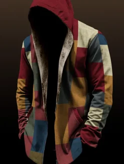 Hot OUKU Men's Color Block Plaid / Check Winter Coat Fleece Jacket Coat Thermal Warm Vintage Daily Wear Going out Pocket Print Fall & Winter Hooded Long Sleeve Black Wine Red