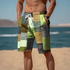 New OUKU Men's Color Block Plaid Checkered Patchwork Sweat Shorts Beach Shorts Terry Shorts Mid Waist Casual Athleisure Daily Holiday Streetwear Drawstring Elastic Waist 3D Print Designer Clothing Apparel