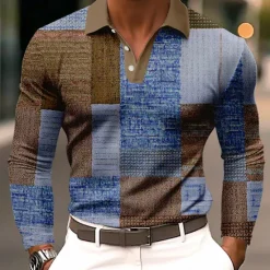 Clearance OUKU Men's Color Block Polo Long Sleeve Polo Shirts Lapel Business Casual Athleisure Daily Wear 3D Print Buttons Spring Fall Winter Blue Brown Green