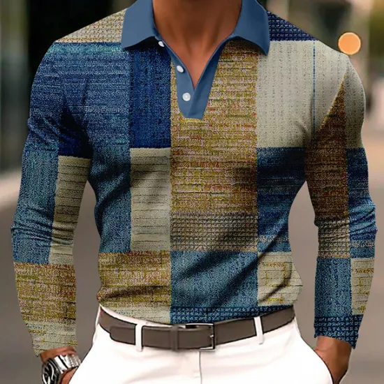 Clearance OUKU Men's Color Block Polo Long Sleeve Polo Shirts Lapel Business Casual Athleisure Daily Wear 3D Print Buttons Spring Fall Winter Blue Brown Green